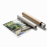 Extra large rolled print of a fountain design in muted earth tones, ideal for classy bathroom wall art.