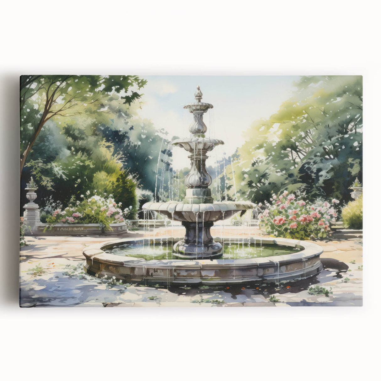 Black and white photo of an architectural fountain on stretched canvas, ideal for kitchen wall art.