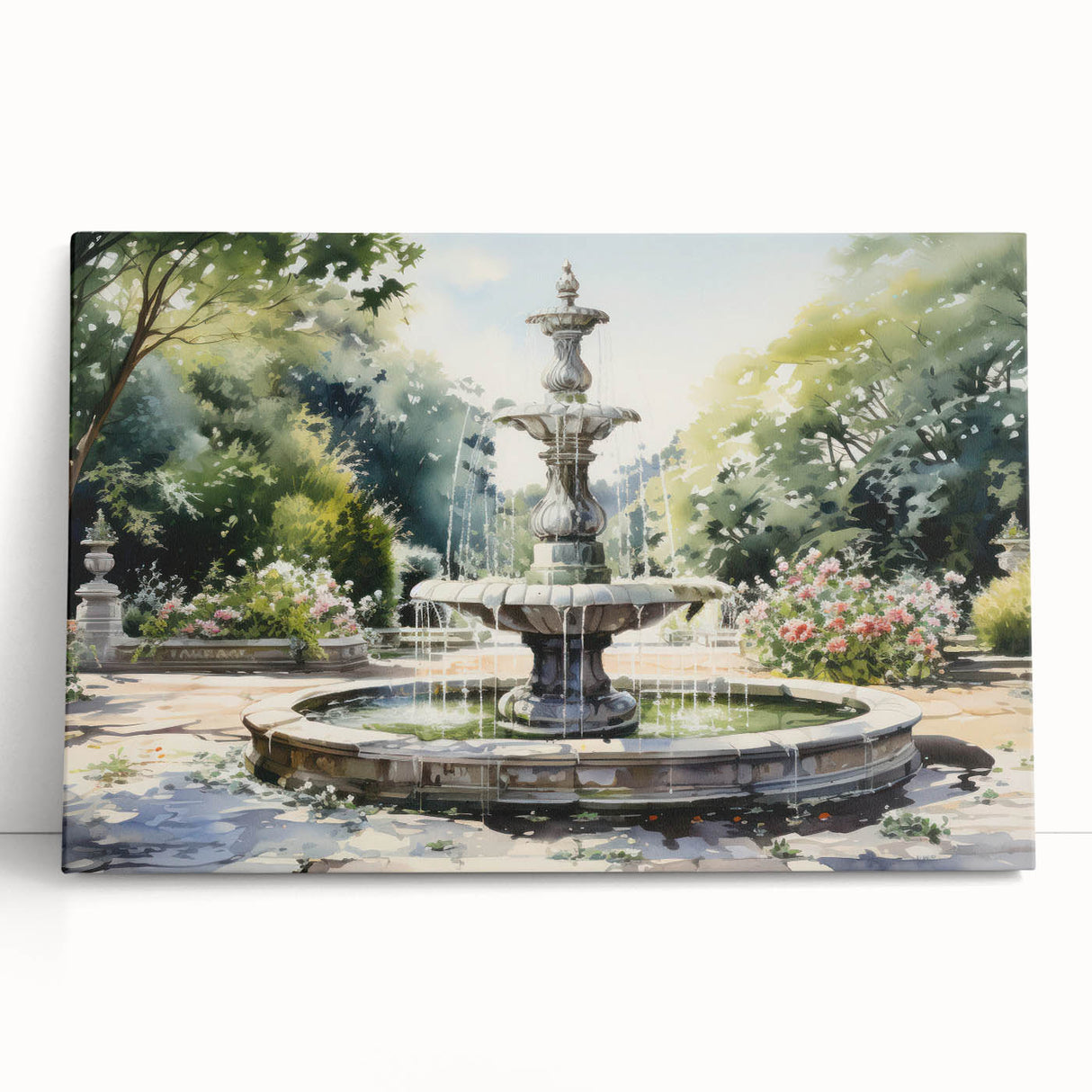 Black and white photo of a fountain on stretched canvas, ideal for kitchen wall art or bedroom ambiance.