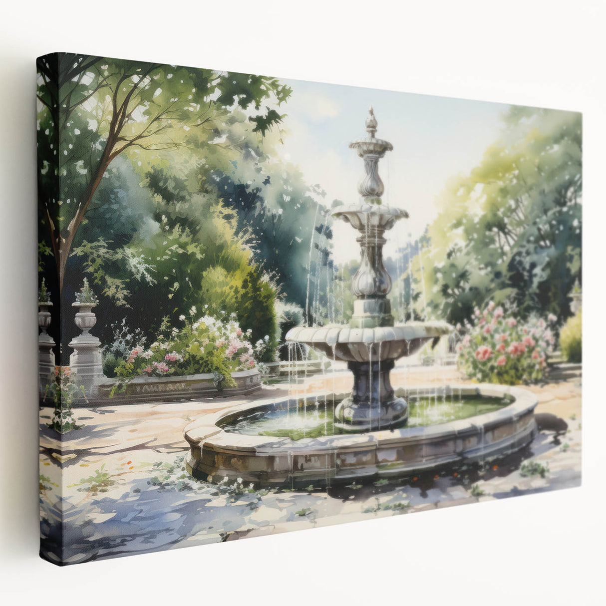 Side view of a stretched canvas showing a detailed architectural fountain design in neutral tones.