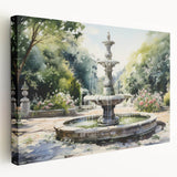 Side view of a stretched canvas showing a detailed architectural fountain design in neutral tones.