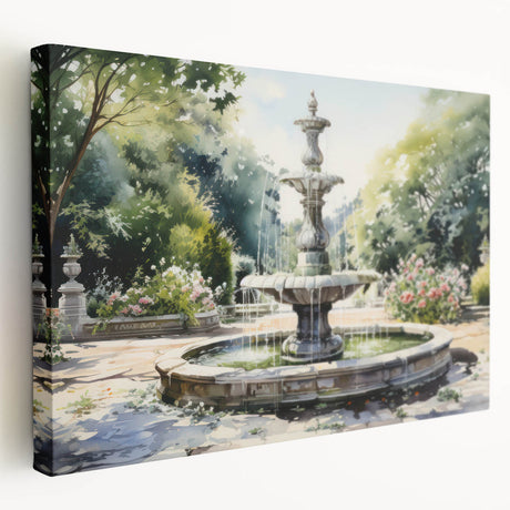 Side view of a stretched canvas showing a detailed architectural fountain design in neutral tones.