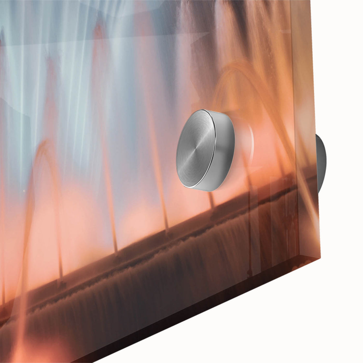 Close-up of a large abstract acrylic glass art featuring swirling blue and white patterns.