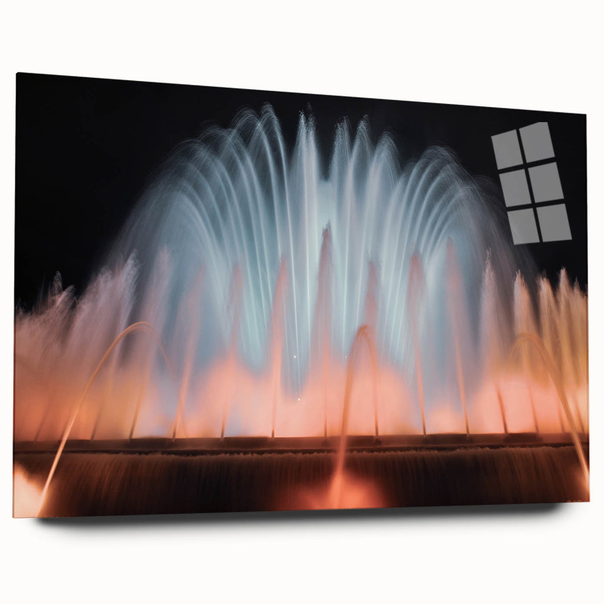 Large abstract wall art on acrylic glass depicting a modern architectural fountain in muted gray and blue tones.