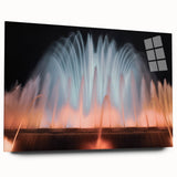 Large abstract wall art on acrylic glass depicting a modern architectural fountain in muted gray and blue tones.