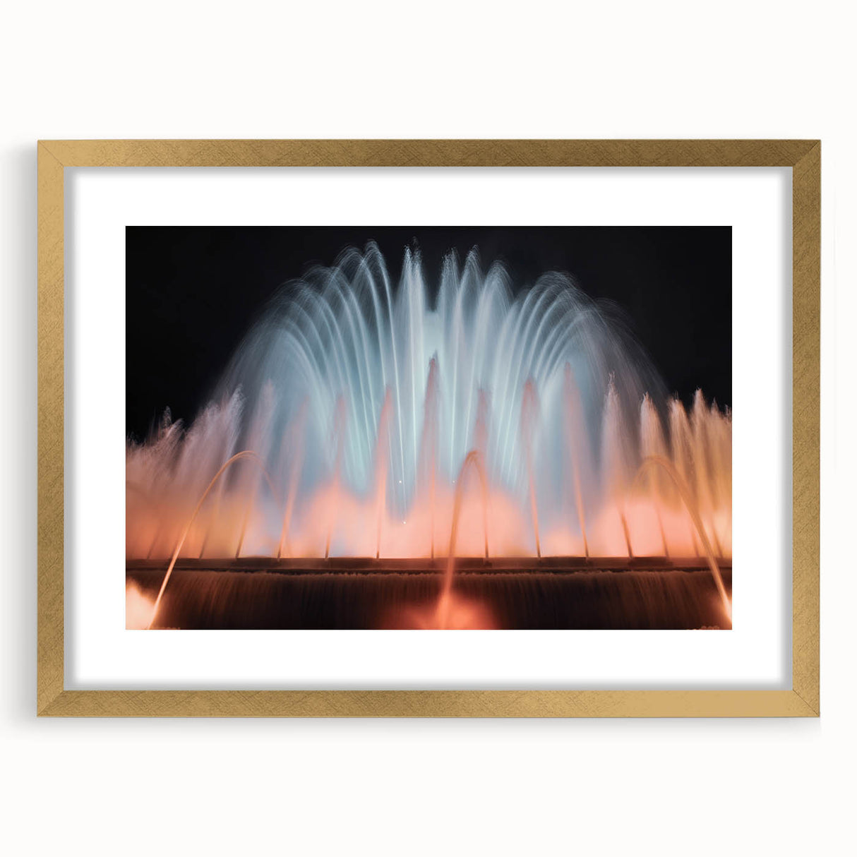 Extra large abstract art print featuring a textured design of architectural elements in gold and black, framed with a mat.