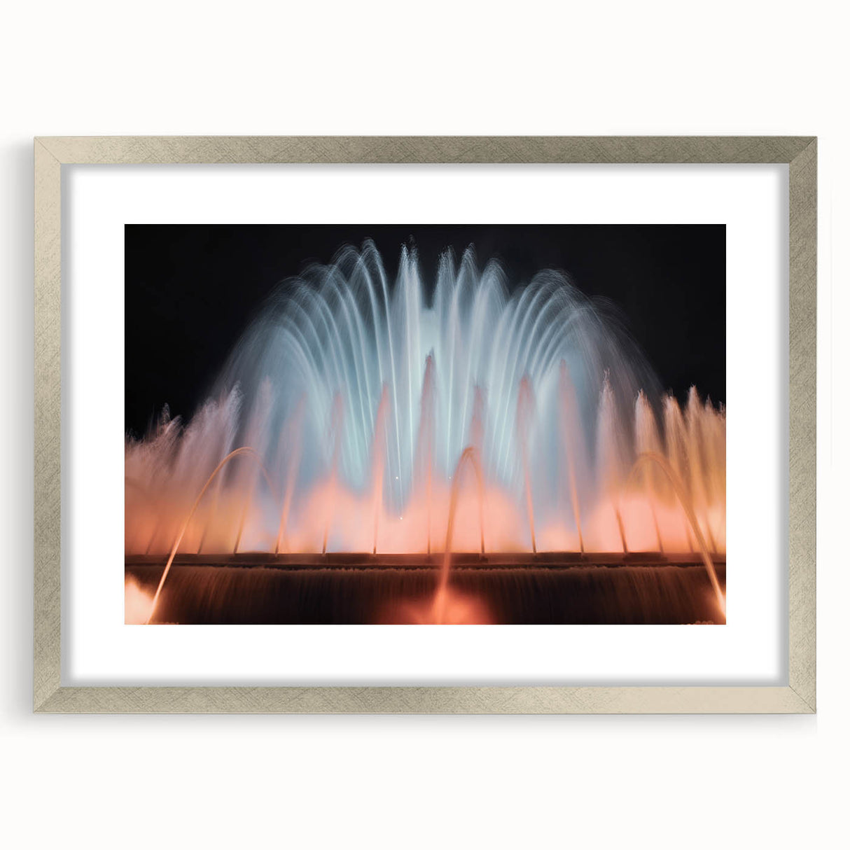 Textured abstract art print featuring a silver-framed fountain design with muted blue and gray tones.