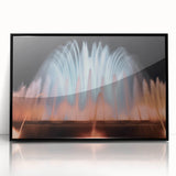 Large abstract wall art depicting geometric shapes in bold black and white, framed in black acrylic.