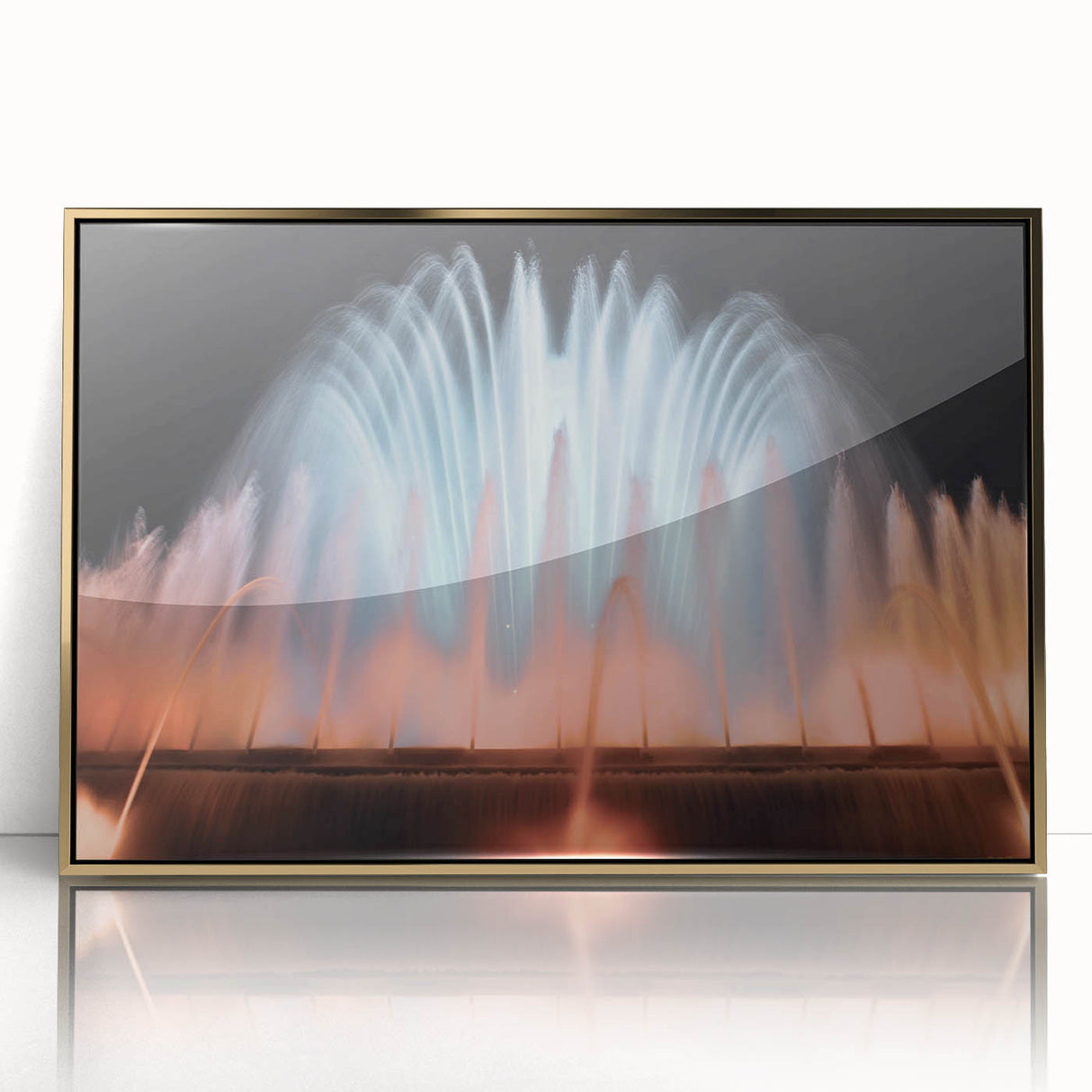 Large art print of a mid-century modernist architecture and fountain design in gold tones on framed acrylic.