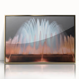 Large art print of a mid-century modernist architecture and fountain design in gold tones on framed acrylic.