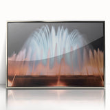 Mid-century modernist art of a fountain design on silver-framed acrylic, featuring geometric shapes in muted tones.