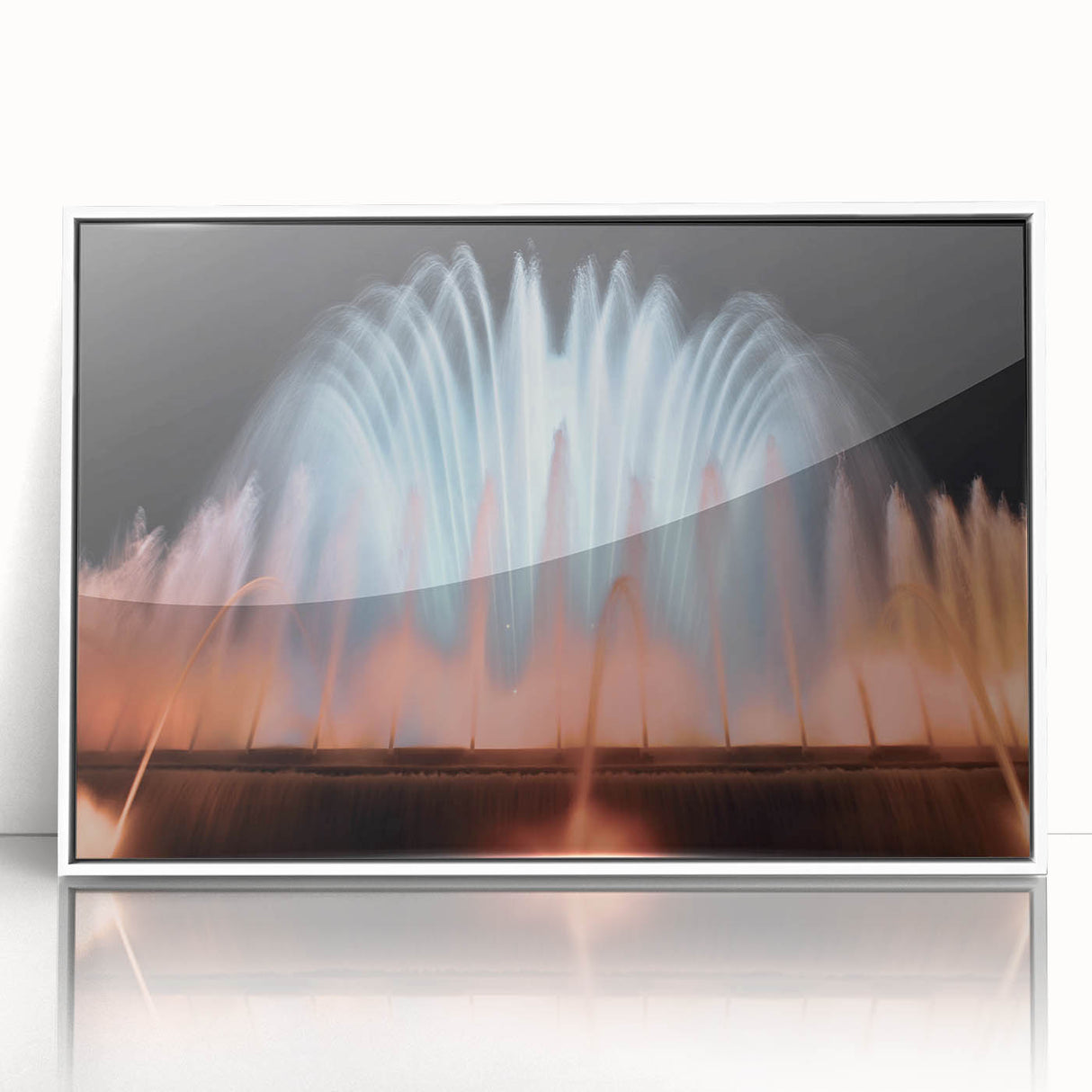 Art deco poster featuring a geometric fountain design in black and white on a framed acrylic.
