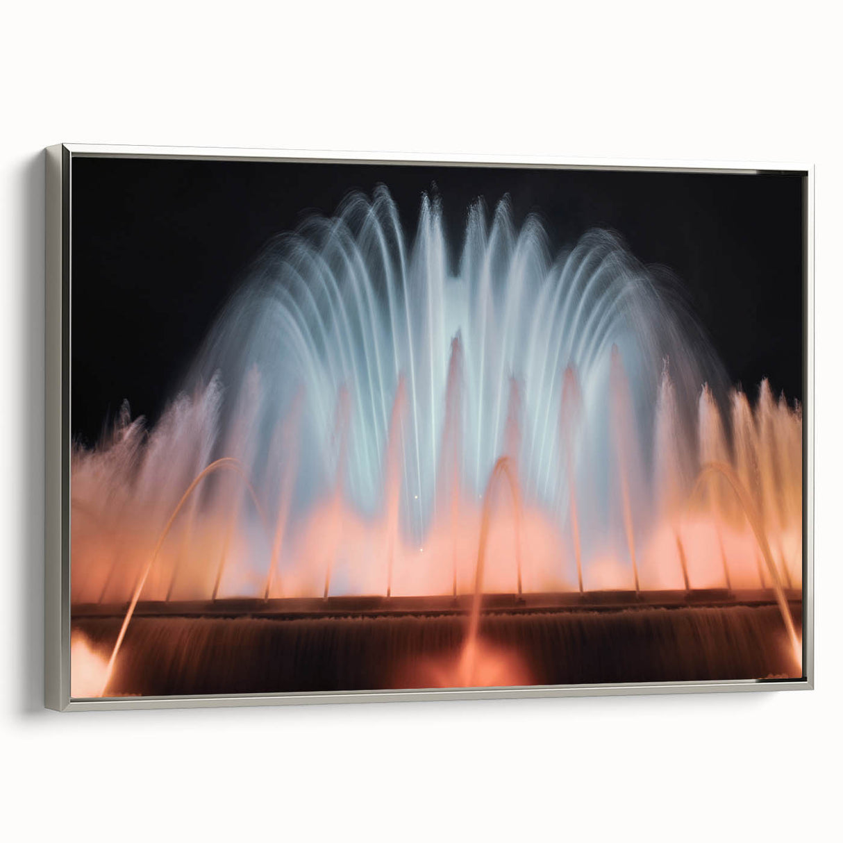 Landscape art painting of a fountain, vintage poster style on framed canvas, with a palette of black and colorful art.