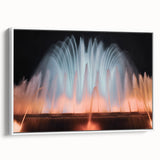 Vintage poster art of a fountain design, framed canvas in white, featuring colorful art on a black background.