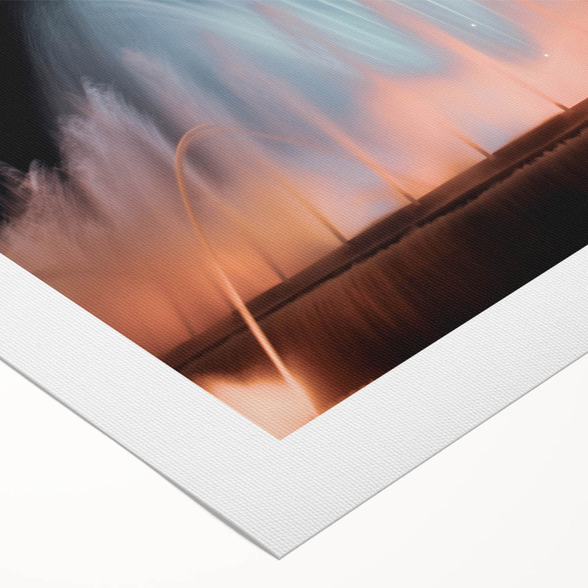 Art Deco style poster of an architectural fountain in muted blue and gray tones on rolled canvas.