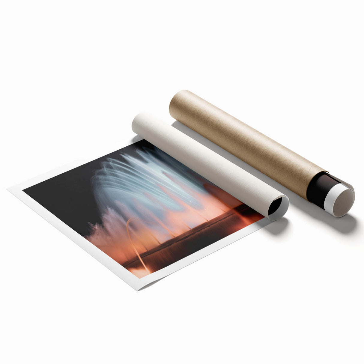 Extra large rolled print of a classical fountain with floral motifs in muted earth tones.