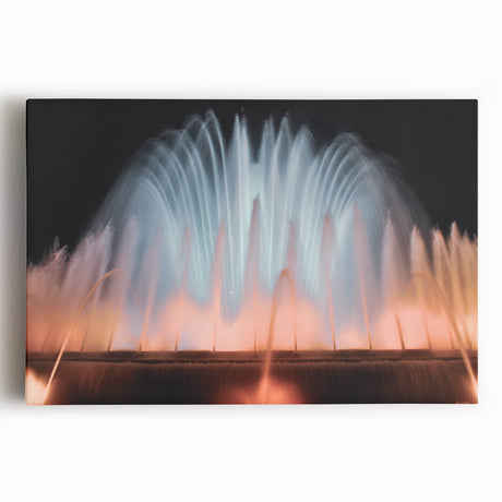 Large canvas print of a modern architectural fountain design in muted gray and blue tones, ideal for kitchen wall art.