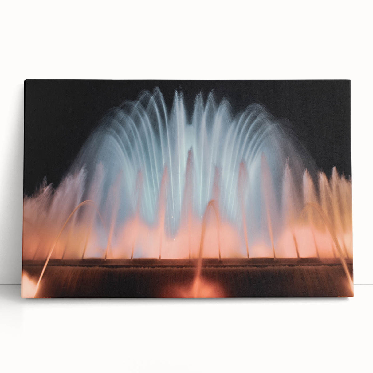 Black and white photograph of an architectural fountain design on a large stretched canvas, suitable for kitchen wall art.