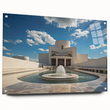 Large abstract wall art on acrylic glass featuring a dynamic fountain design with vivid blue and white tones.