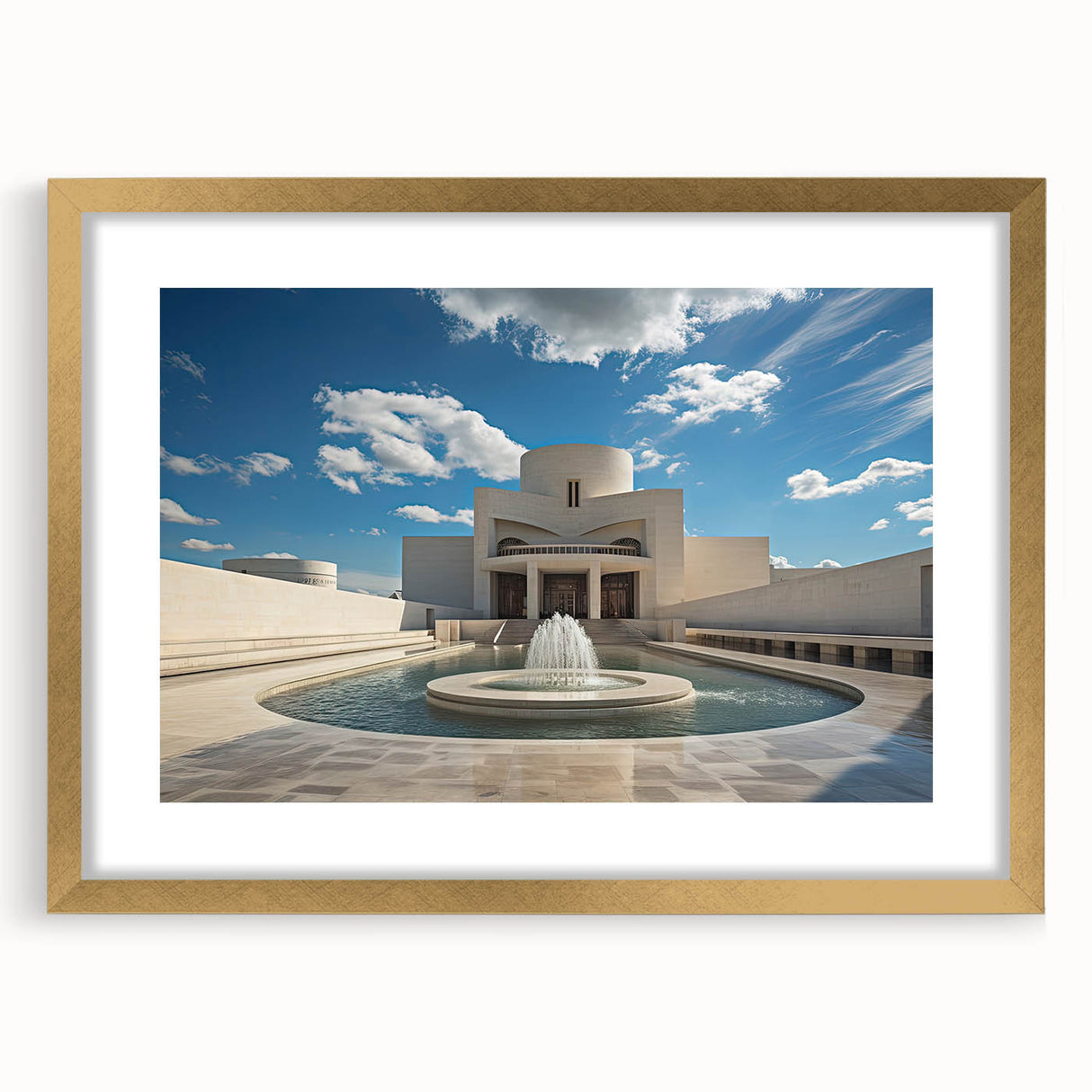 Extra large abstract art print of a textured fountain design in gold frame with mat, ideal for living room decor.