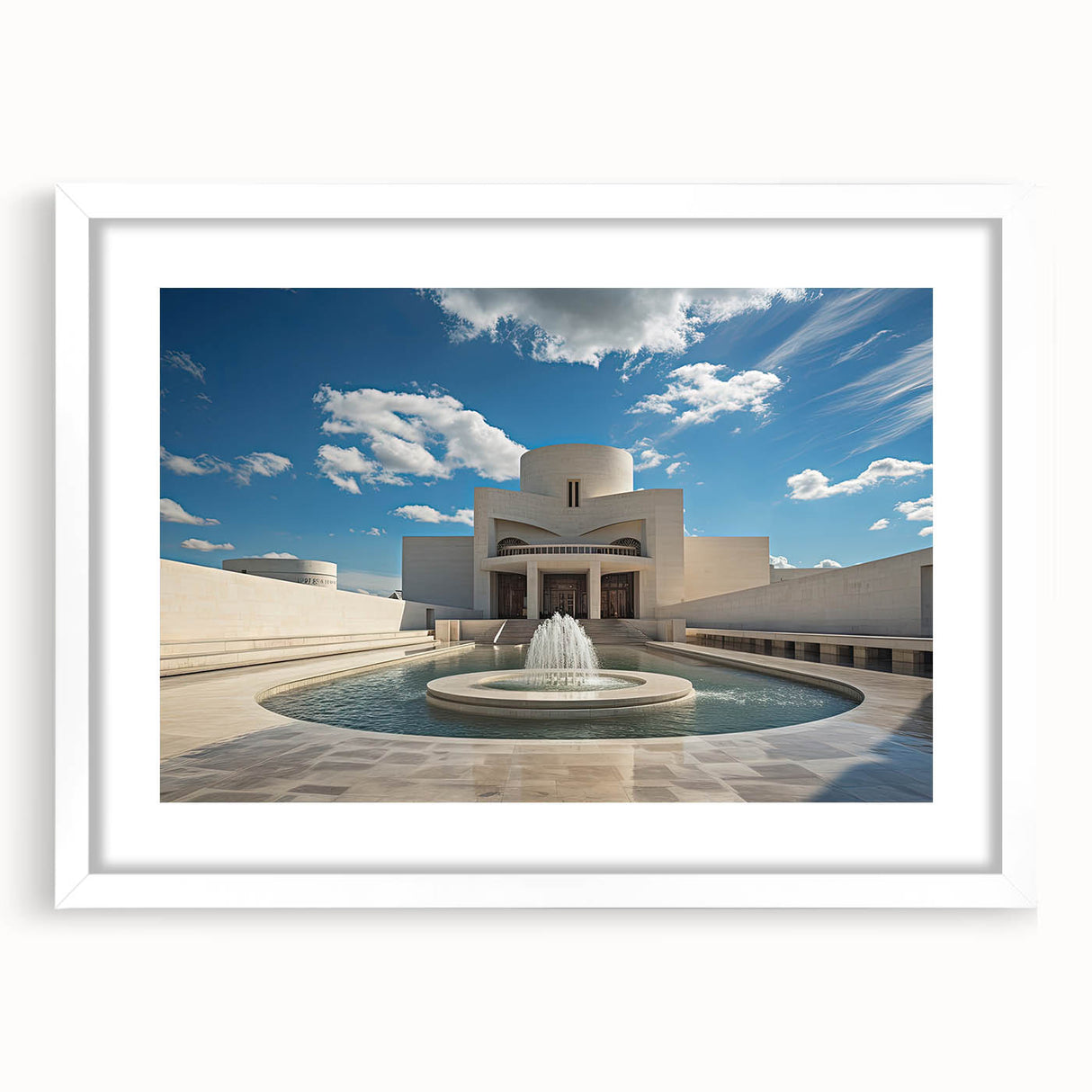 Abstract art prints featuring a monochrome architectural fountain design, framed with a white mat.