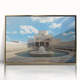 Mid-century modernist acrylic print of an architectural fountain design in gold tones, ideal for modern art wall decor.
