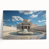 Black and white photo of an architectural fountain design on a large stretched canvas.