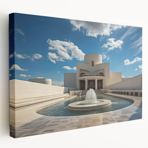 Side view of a stretched canvas featuring an architectural fountain design in muted gray and blue tones.
