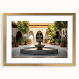 Abstract art print featuring textured layers in muted gold and cream tones, framed in gold, ideal for living room decor.