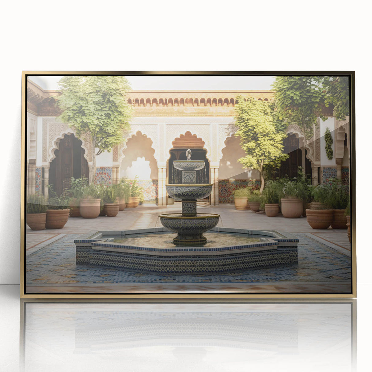 Large art print of a mid-century modernist fountain design in gold and black hues, framed acrylic.