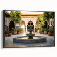 Black and white framed canvas featuring a vintage-style landscape with a fountain, ideal for bedroom wall decor.