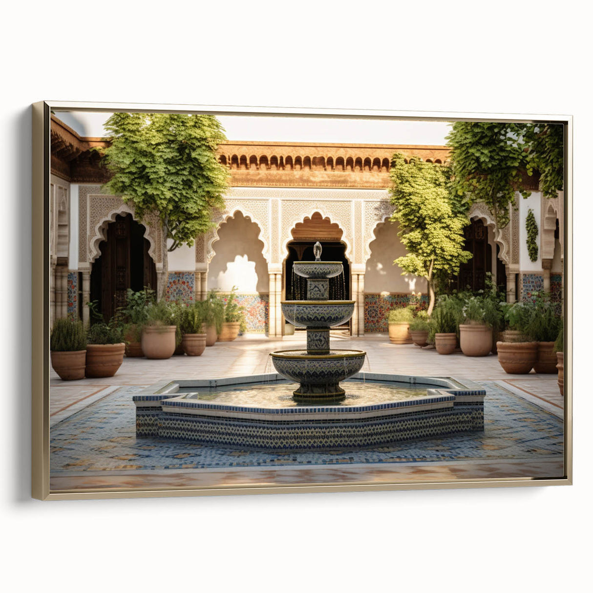 Framed canvas depicting a vintage-style landscape with a fountain design, featuring a black and colorful palette.