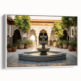 Vintage poster art of an architectural fountain design on framed canvas, featuring black and colorful art.