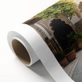 Art deco poster of a geometric fountain design in muted blue and gray tones on rolled canvas, ideal for nursery wall art.