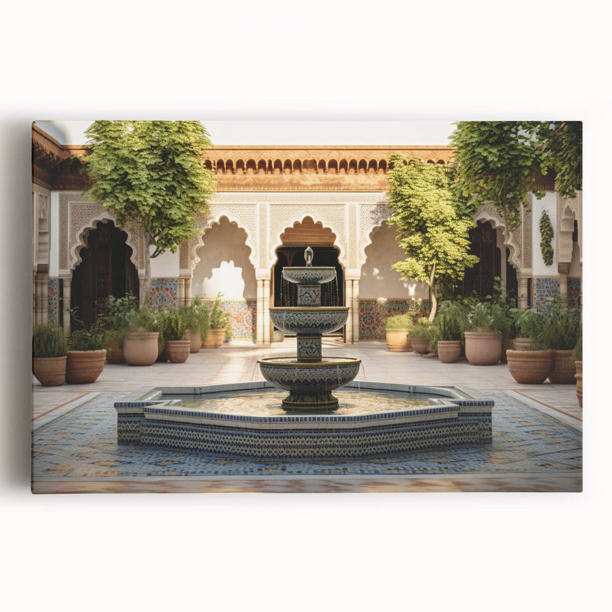 Black and white photo of a classical fountain on stretched canvas, ideal for kitchen wall art.