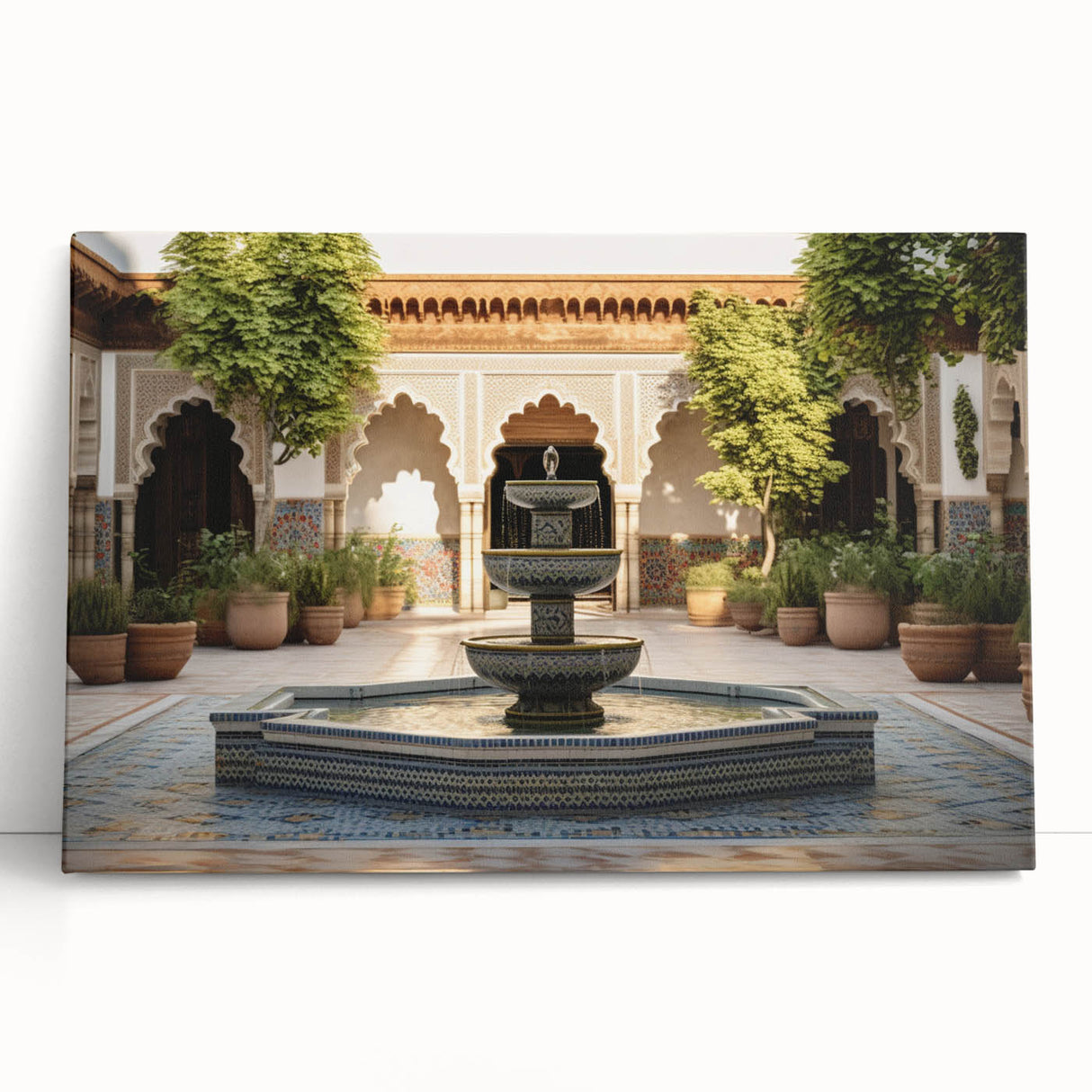 Black and white photograph of an architectural fountain design on stretched canvas.