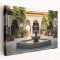 Modern architecture and fountain design on large stretched canvas, featuring gray and white tones.