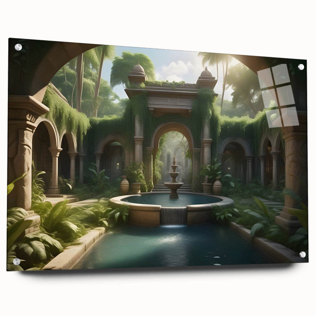 Large abstract wall art on acrylic glass featuring a monochrome architectural fountain design.