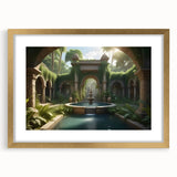 Extra large abstract art print featuring a textured design of an architectural fountain in muted gold and gray tones.