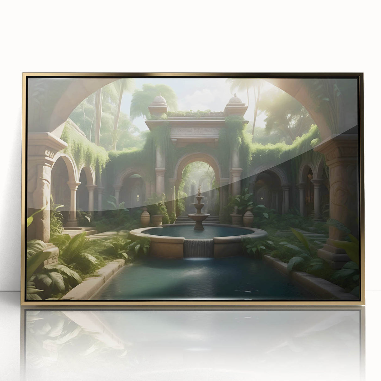 Mid-century modernist fountain design in gold and teal tones on a large framed acrylic print.