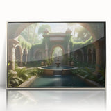 Mid-century modernist art featuring an architectural fountain design in silver and gray tones on a framed acrylic print.