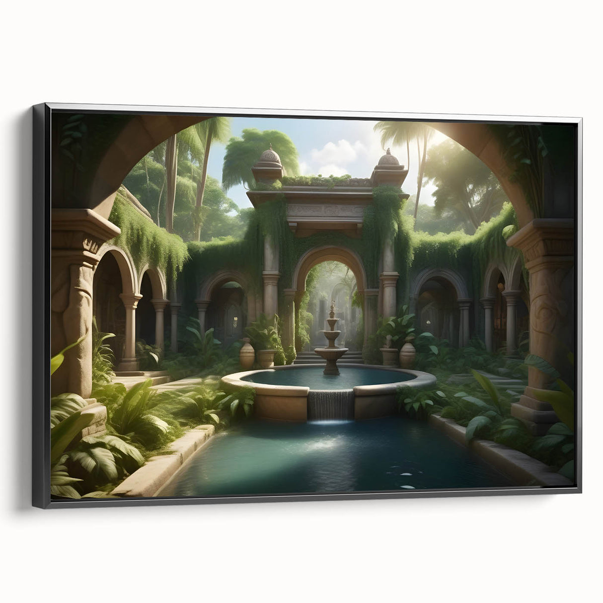 Black and white framed canvas featuring a vintage poster art of a landscape with a fountain, ideal for bedroom decor.