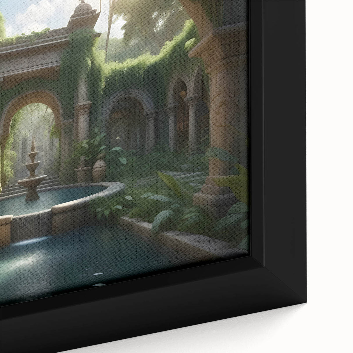 Extra large framed canvas featuring a close-up of a black architectural fountain design with colorful, textured art details.