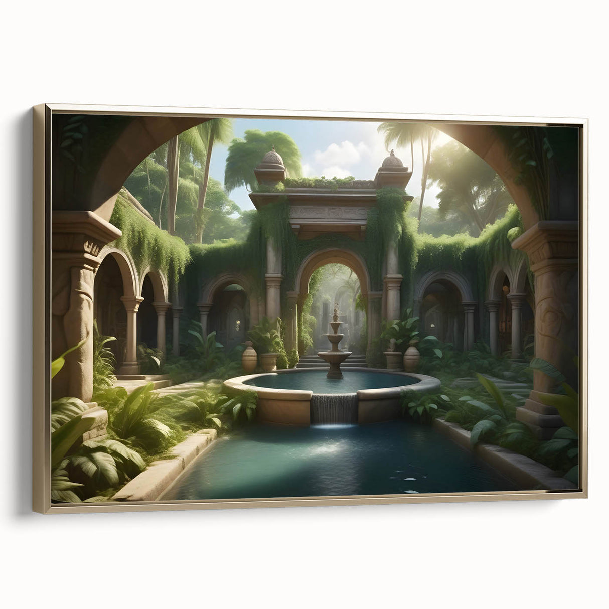 Vintage poster art depicting a classic landscape, framed in gold on canvas, ideal for bedroom wall decor.