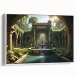 Vintage poster art of an architectural fountain design on extra large framed canvas, with colorful art on a black background.