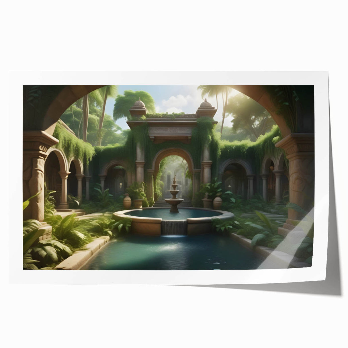Extra large rolled print of an architectural fountain design in muted earth tones, ideal for art wall dining room.