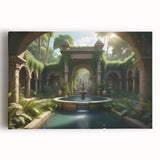 Black and white photograph of a classical fountain on stretched canvas, ideal for kitchen wall art.
