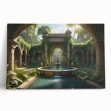 Black and white photograph of an architectural fountain design on stretched canvas.