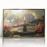 Mid-century modernist acrylic print of an architectural fountain design in gold tones, ideal for modern art wall decor.