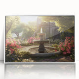 Art deco poster of a fountain architecture in muted gray and blue tones, framed acrylic, ideal for nursery wall art.